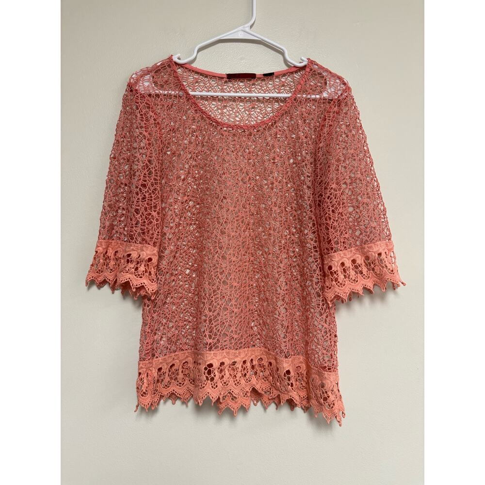 BKE Red Buckle top blouse coral pink open knit lace *see measurements
